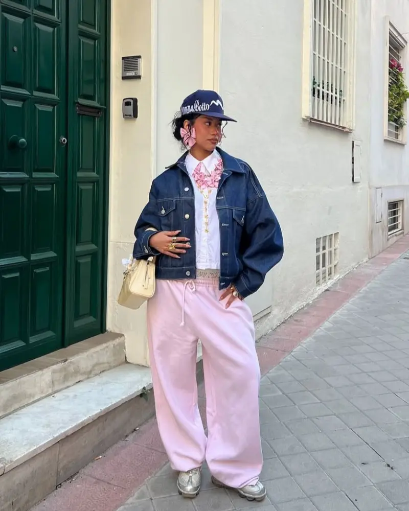 Denim Jacket Over White Shirt With Pink Sweatpants