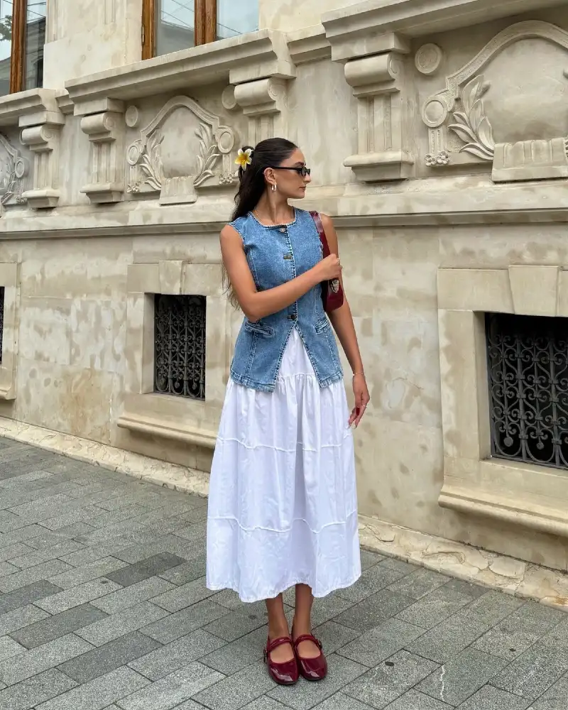 Denim Vest + White Tiered Maxi Dress + Burgundy Mary Janes