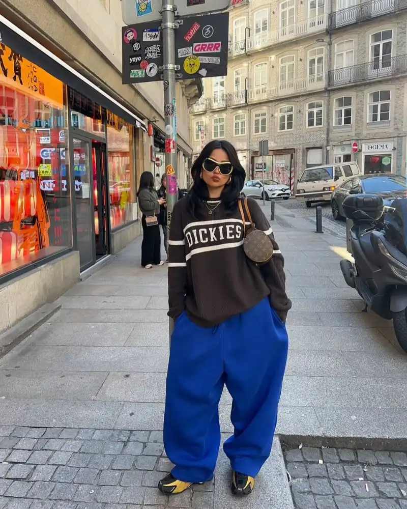 Dickies Brown Striped Sweater + Cobalt Blue Wide-Leg Trousers