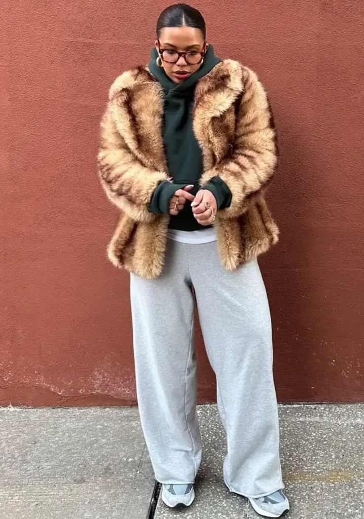 Faux Fur Coat Over a Forest Green Hoodie and Grey Sweats — Street Warmth