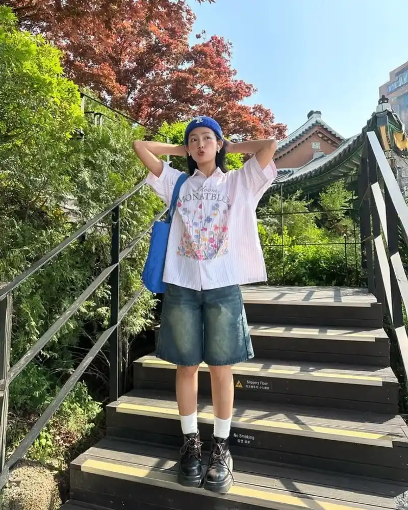 Floral Graphic Shirt + Dark Denim Shorts + Doc Martens