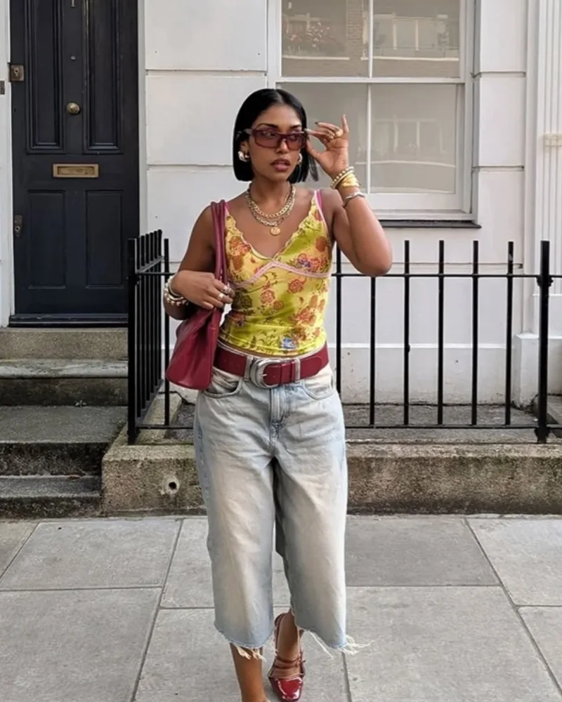 Floral Satin Cami + Wide Light Wash Jorts