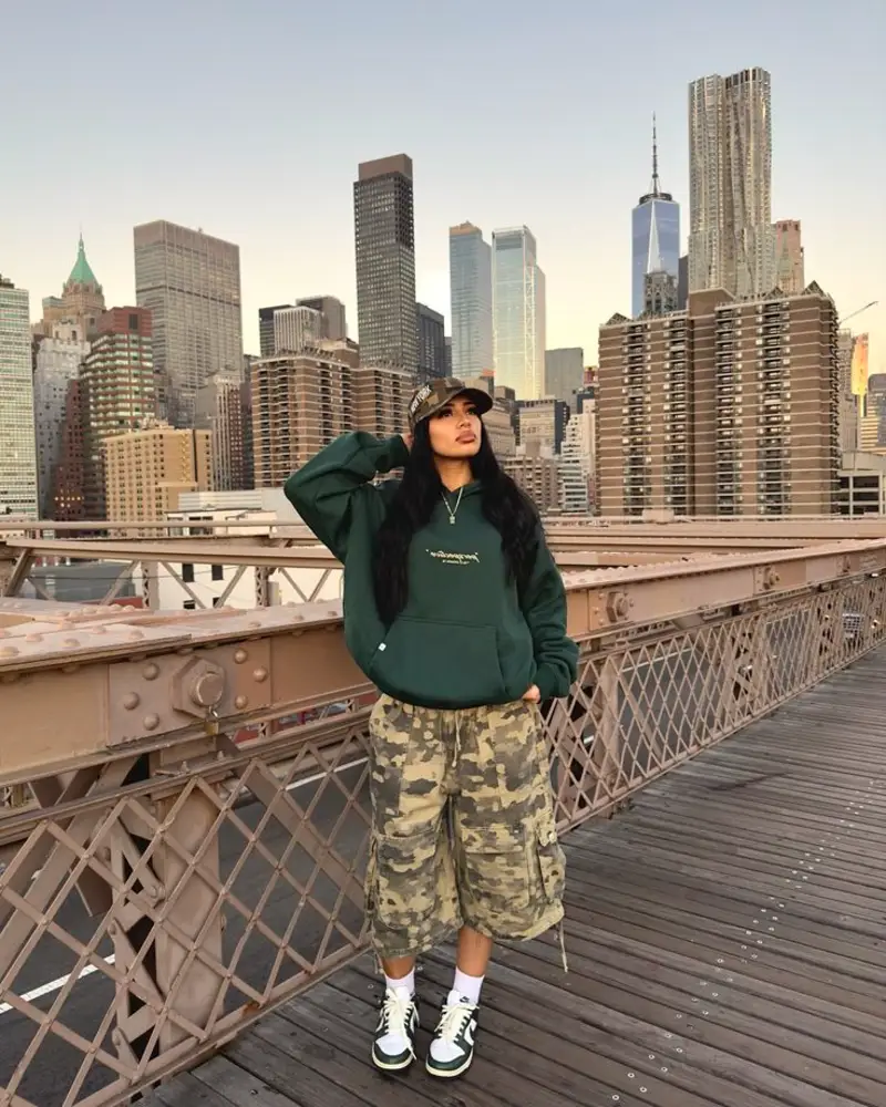 Forest Green Hoodie + Camo Cargo Shorts + Green Dunks