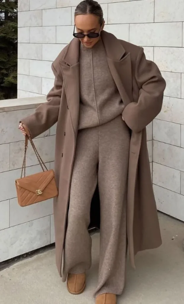 Full Taupe Monochrome — Oversized Wool Coat Over Knit Set With UGG Loafers