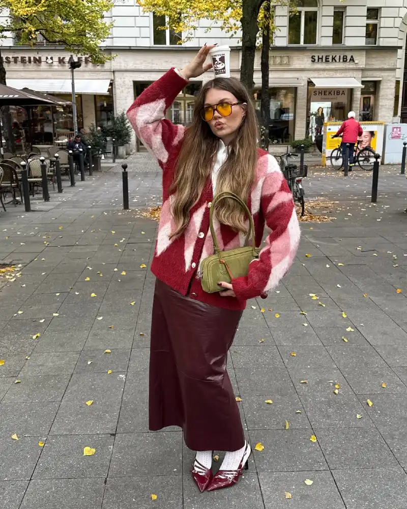 Fuzzy Patterned Cardigan + Burgundy Leather Midi Skirt