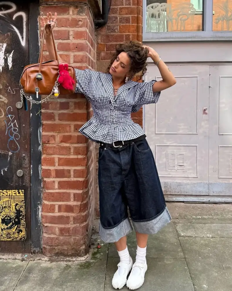 Gingham Smocked Top + Dark Denim Bermuda Shorts