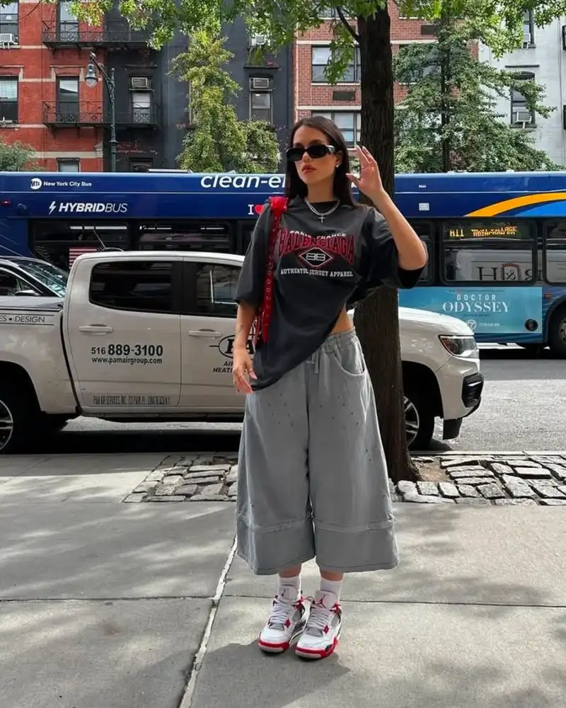Graphic Jersey Tee + Wide-Leg Sweat Shorts + Jordans