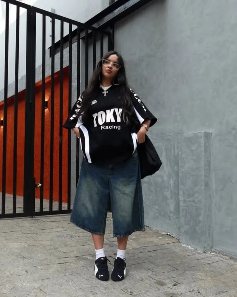 Graphic Jersey with Midi Denim Skirt