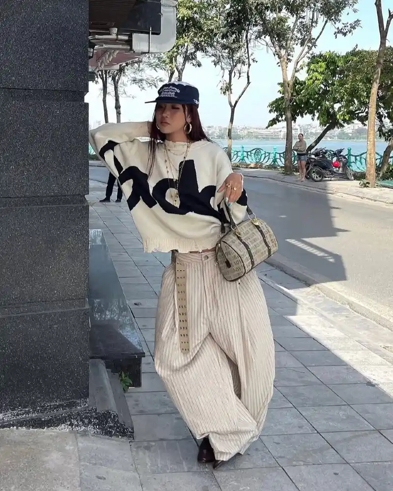 Graphic Knit Sweater + Pinstripe Wide-Leg Trousers