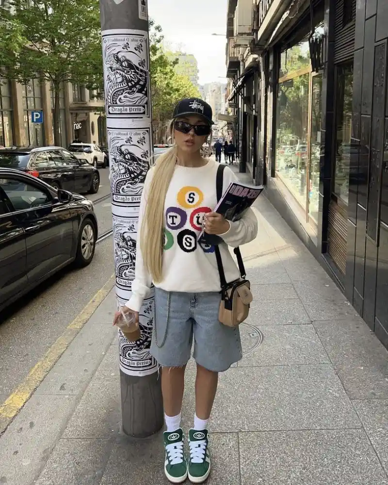 Graphic Knit Sweater with Light Wash Denim Shorts