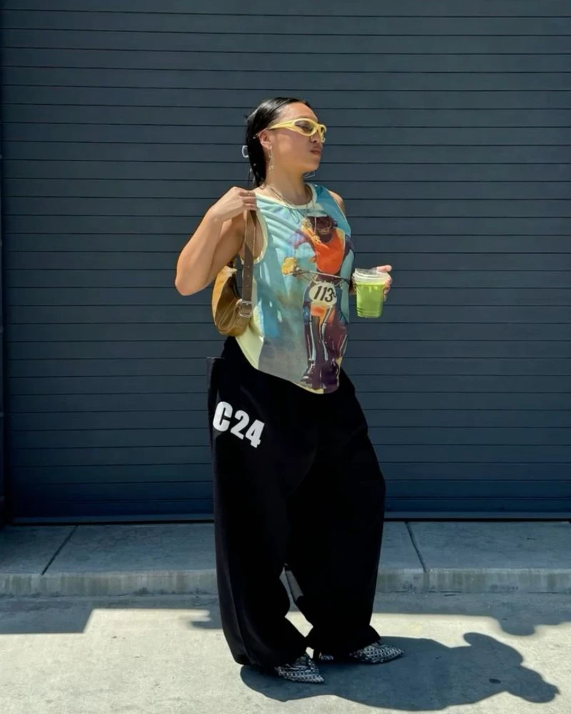 Graphic Muscle Tank and Baggy Sweatpants with Woven Flats