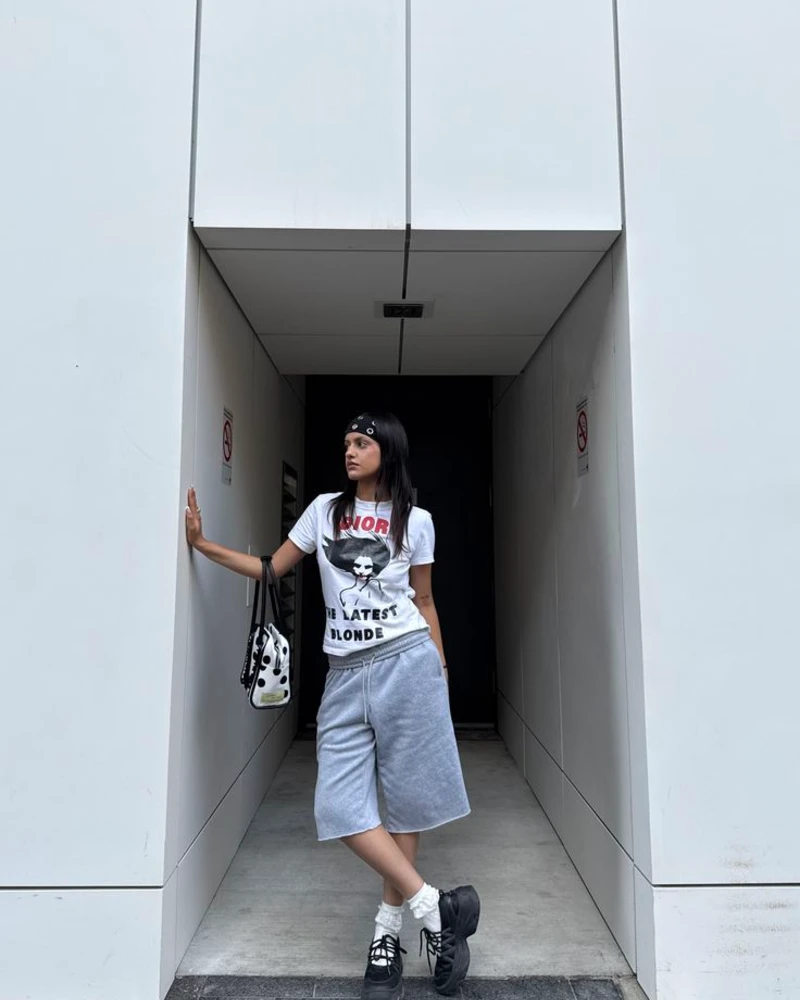 Graphic Tee with Heather Grey Wide Shorts