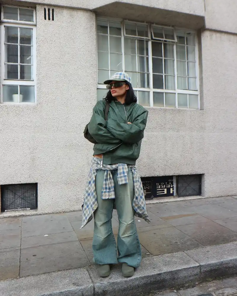 Green Bomber Jacket With Flannel Tied at the Waist
