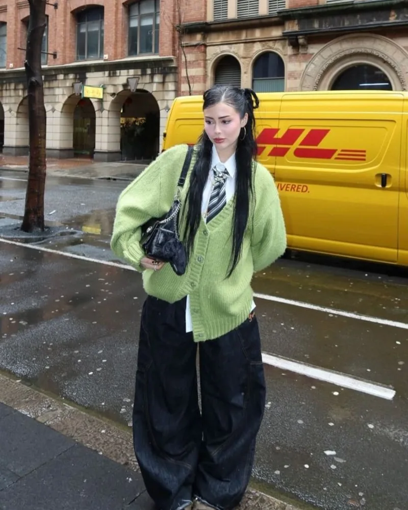 Green Cardigan + Mega Baggy Dark Denim