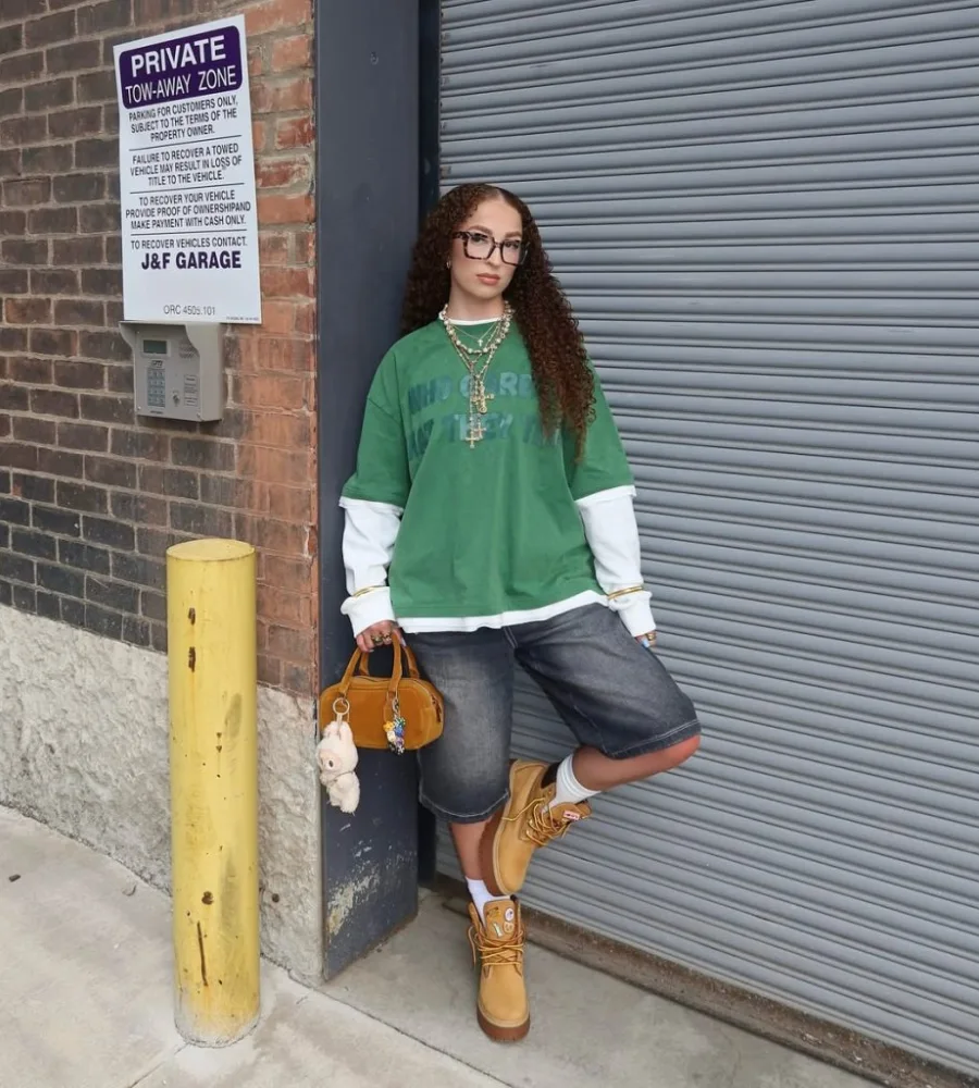 Green Graphic Sweatshirt with Grey Denim Shorts and Timberlands