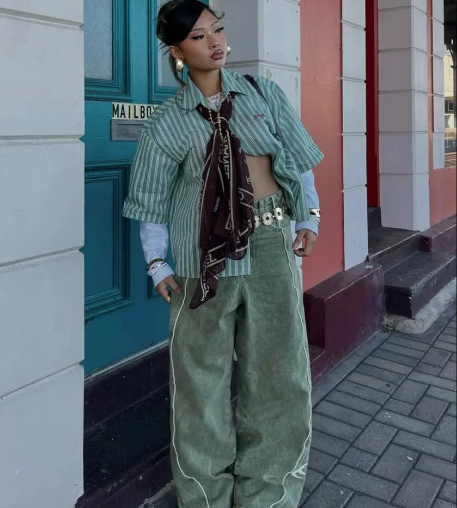 Green Striped Cropped Jacket with Olive Baggy Jeans, Chanel Scarf and Jordan Sneakers