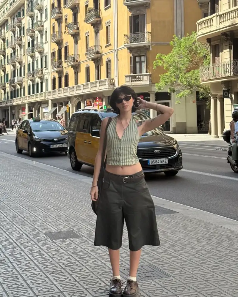 Green Striped Halter Vest + Olive Wide Bermuda Shorts + Brogues