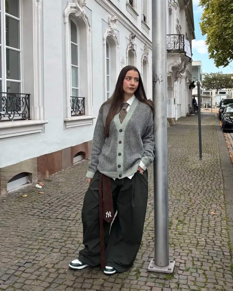 Grey Cardigan + Olive Parachute Trousers