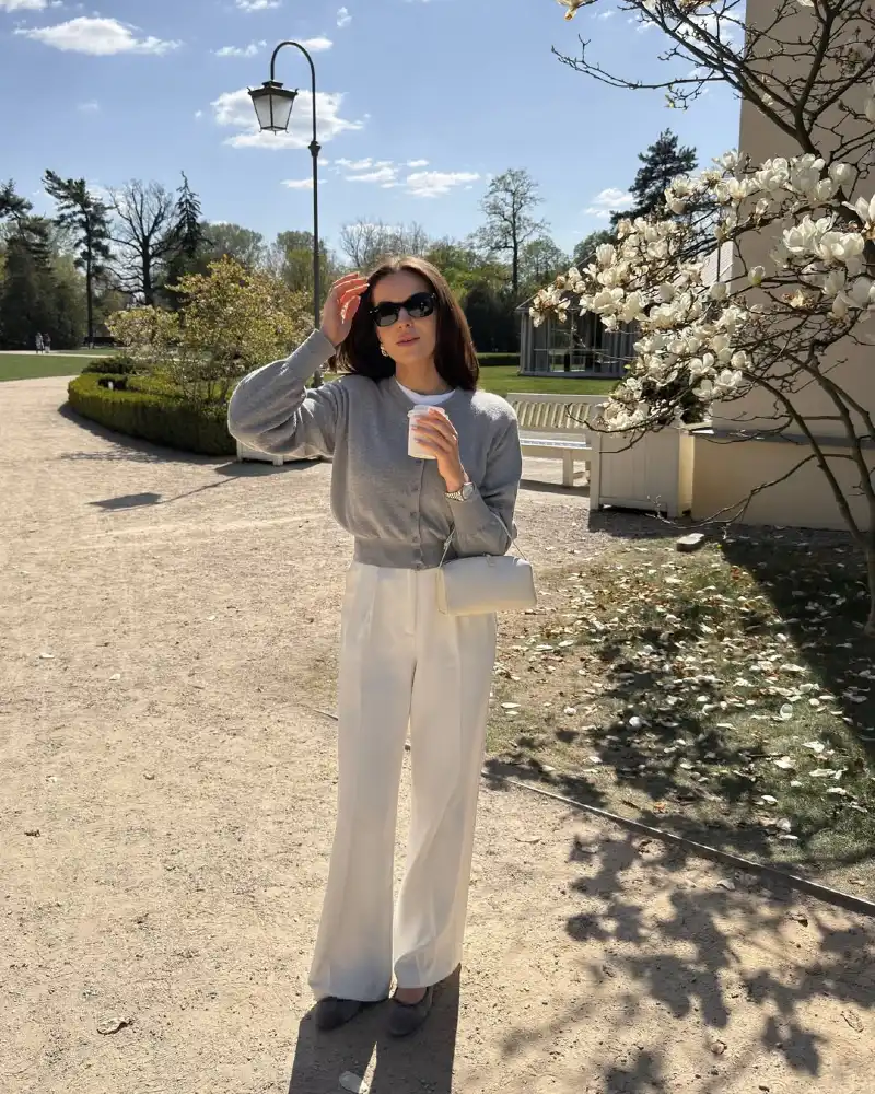 Grey Cardigan + White Wide-Leg Trousers