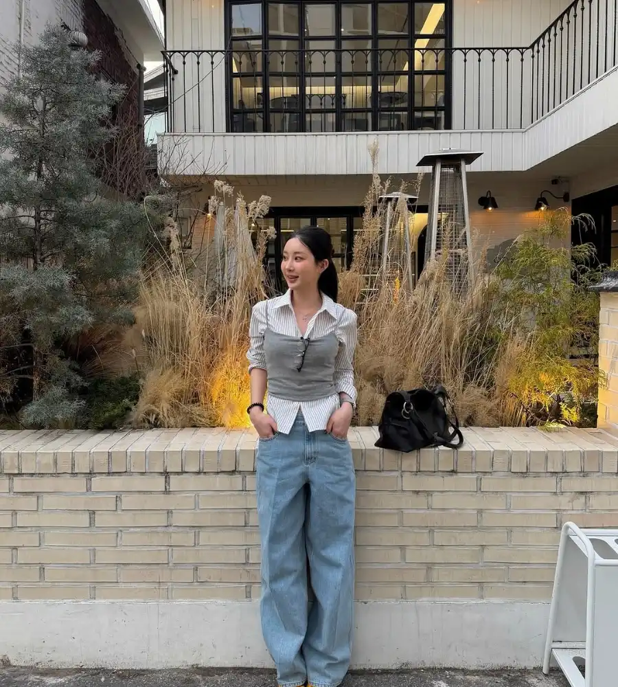 Grey Knit Vest + Striped Shirt + Baggy Jeans