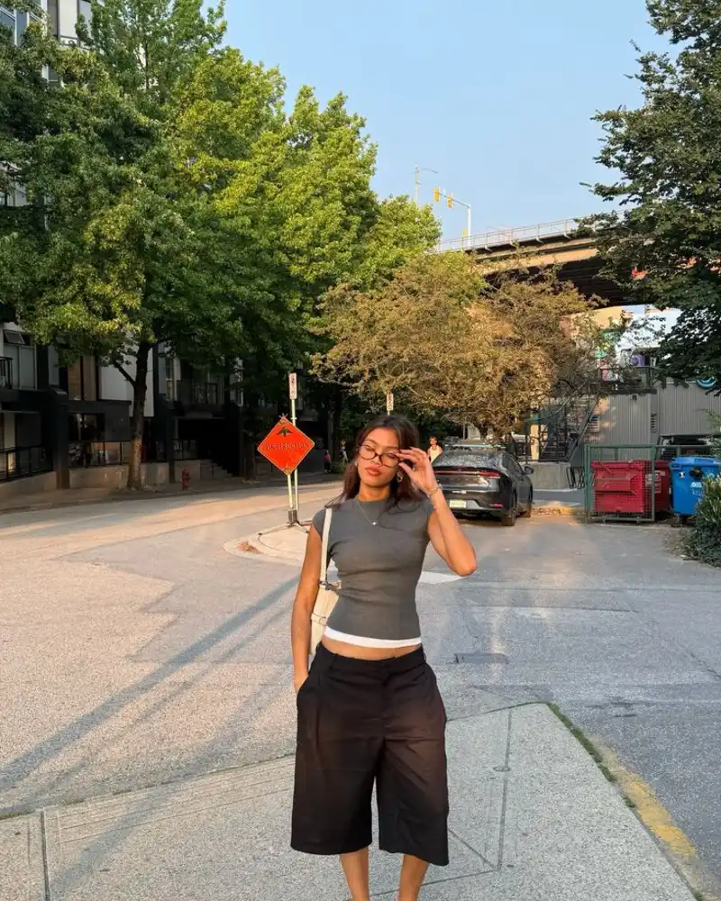 Grey Ribbed Crop Tank Layered Over White Tee with Wide-Leg Bermuda Shorts