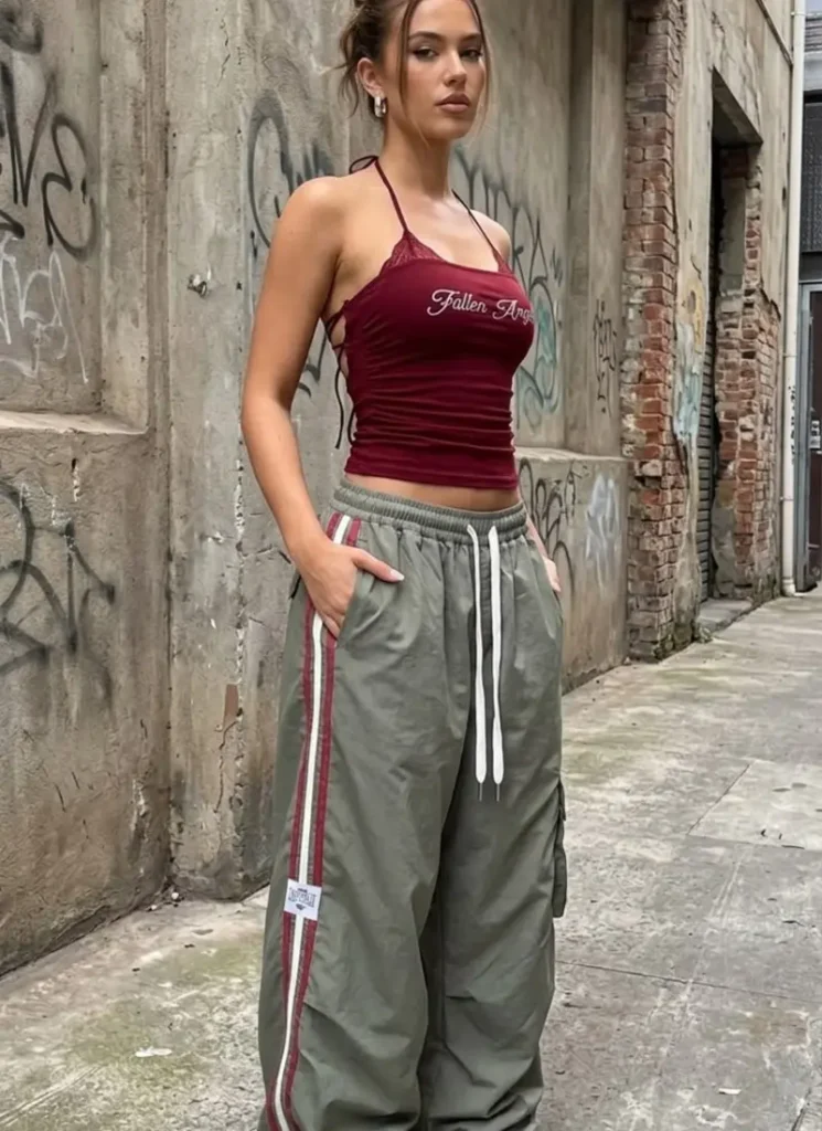 Halter Crop Top with Olive Green Track Pants and White Sneakers