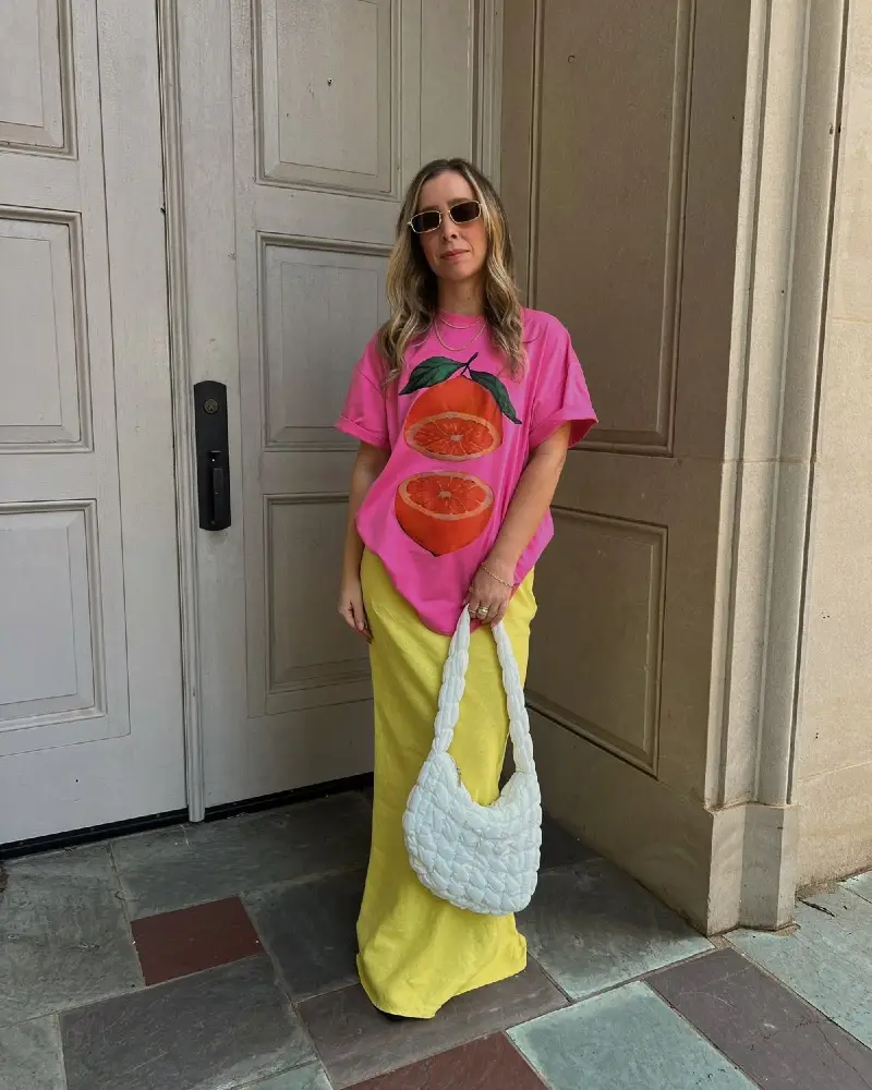 Hot Pink Graphic Tee + Yellow Maxi Skirt