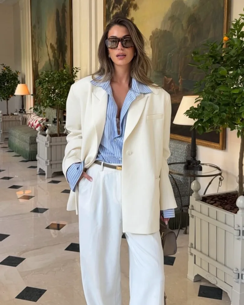 Ivory Oversized Blazer + Blue Striped Shirt + White Wide-Leg Trousers
