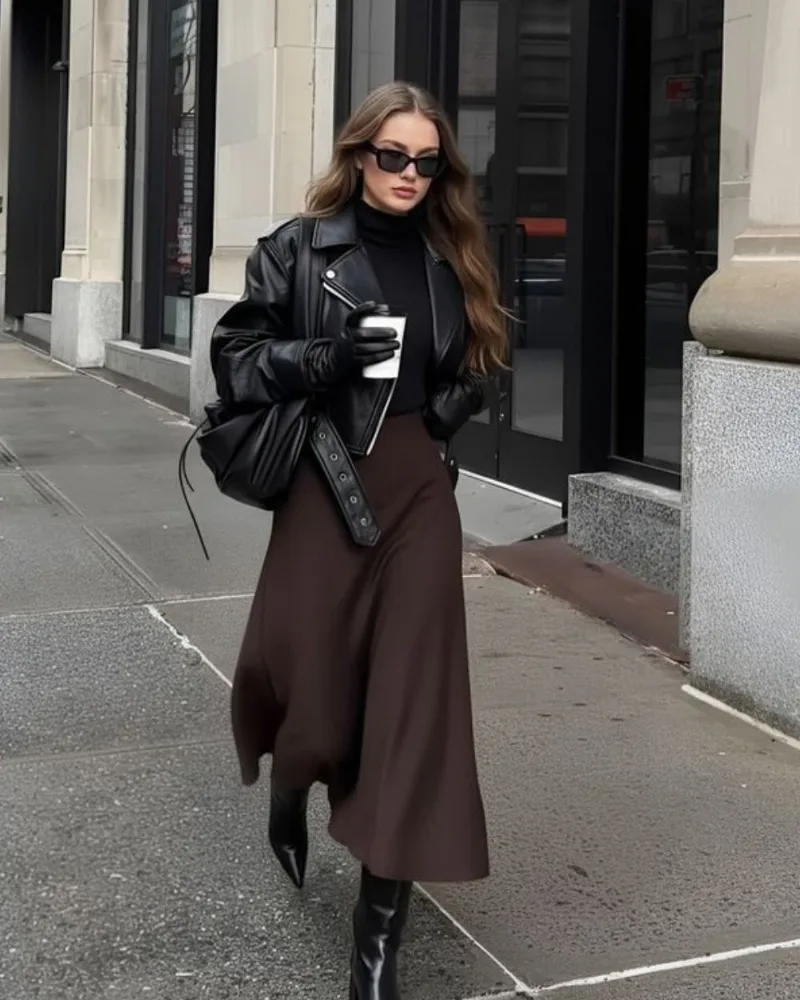 Leather Jacket, Midi Skirt and Gloves
