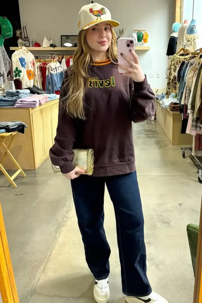 Levi's Graphic Sweatshirt with Dark Wide-Leg Jeans, Cap and White Platform Sneakers