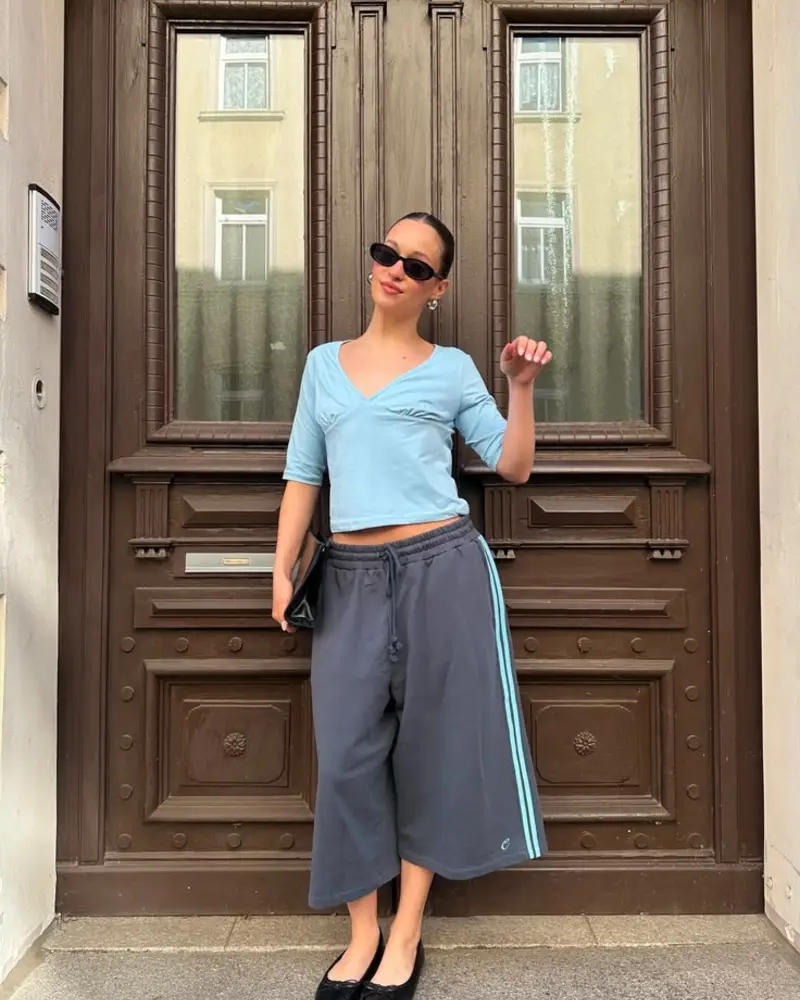 Light Blue Crop Top + Slate Grey  Culottes + Black Ballet Flats