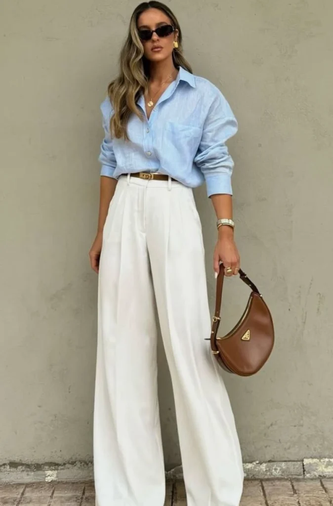 Light Blue Linen Shirt + White Wide-Leg Trousers