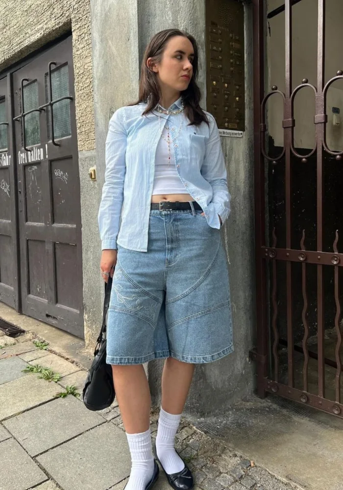 Light Blue Shirt with Denim Jorts, White Socks and Black Loafers