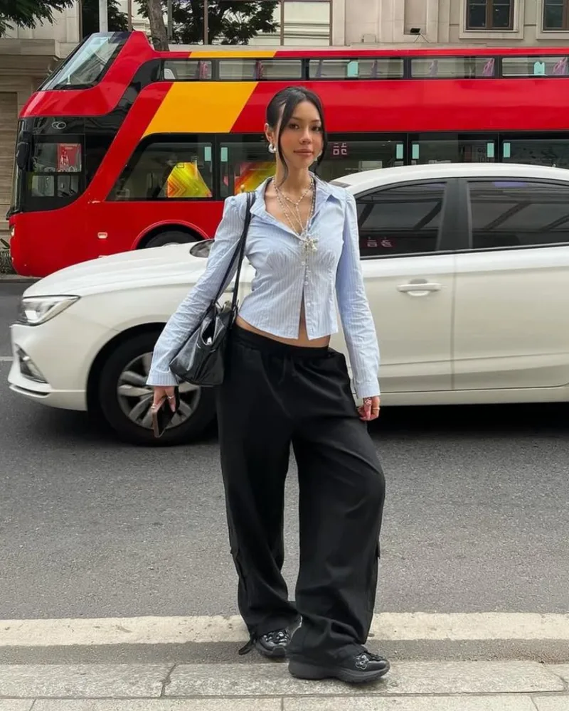 Light Blue Stripe Crop Shirt + Black Cargo Pants