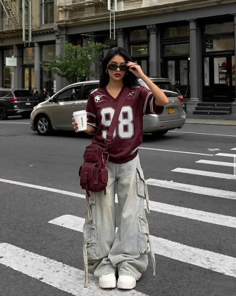 Maroon Jersey + Cargo Jeans + Tiny sunglasses