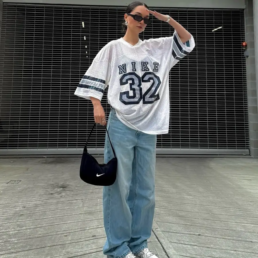 Mesh Jersey with Baggy Light-Wash Jeans and Silver Chunky Sneakers