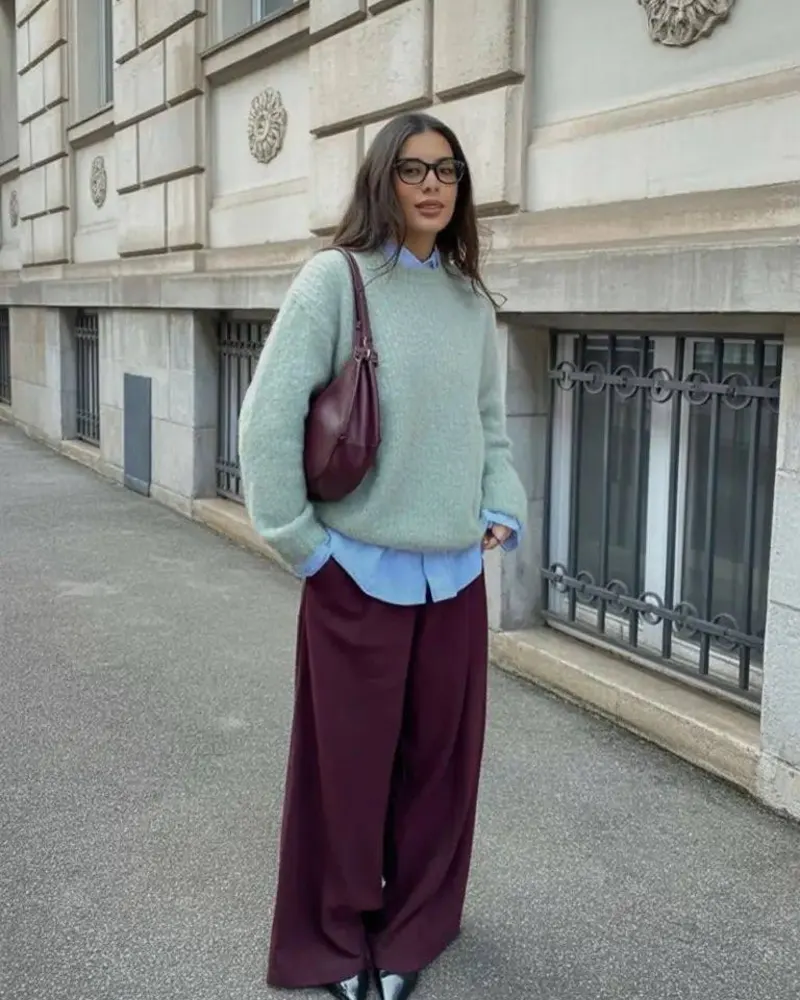 Mint Green Knit Sweater Over a Light Blue Shirt