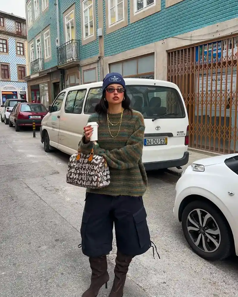  Mohair Striped Sweater + Navy Cargo Bermudas + Dark Brown Suede Knee Boots