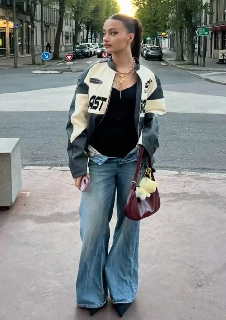 Moto Jacket + Wide-Leg Jeans + Mini Bag
