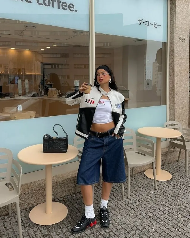 Moto Jacket and Denim Shorts For College Streetwear