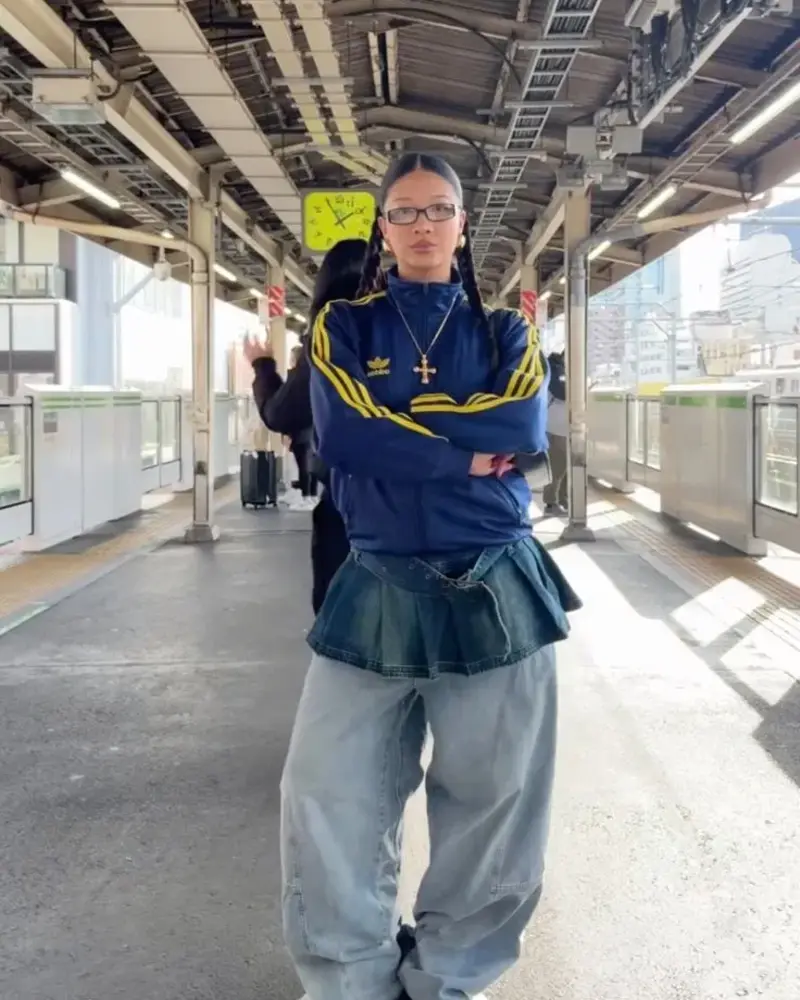 Navy Adidas Track Jacket + Denim Pleated Skirt + Baggy Jeans