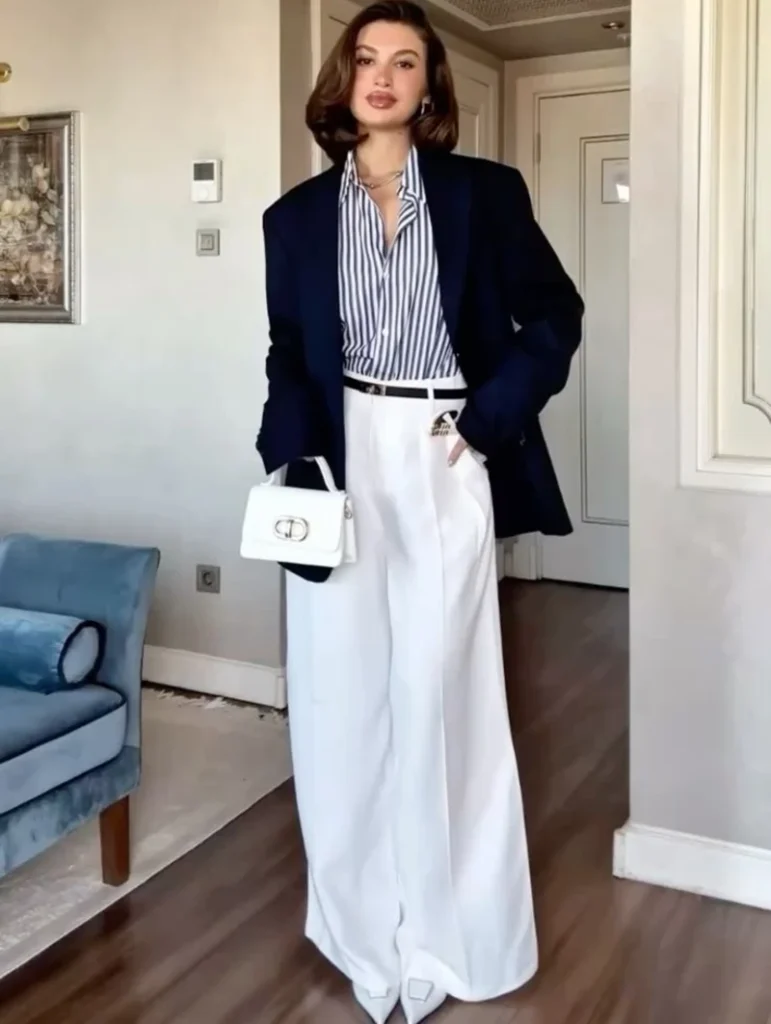  Navy Blazer + Striped Shirt + White Wide-Leg Trousers