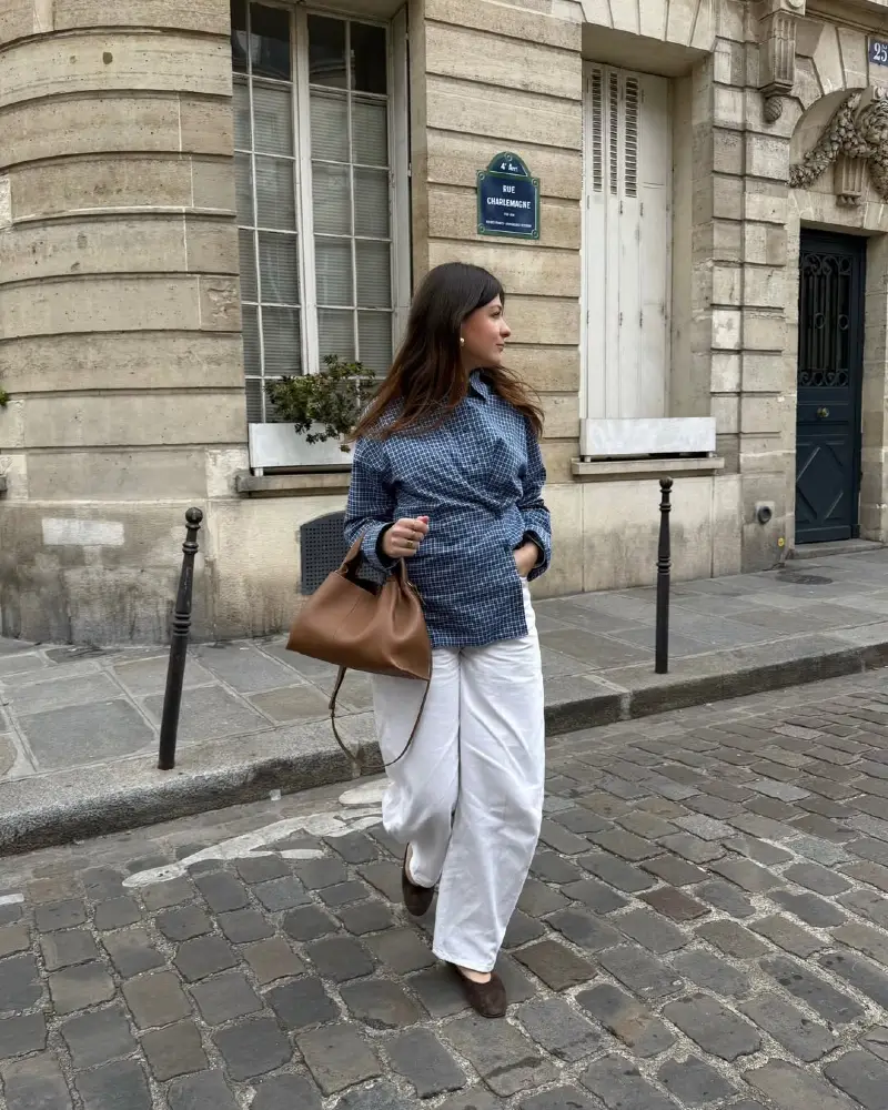 Navy Check Shirt + White Wide Trousers