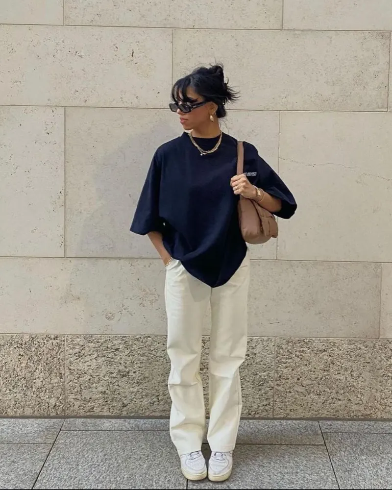 Navy Oversized Tee + Cream Wide-Leg Pants + White Sneakers