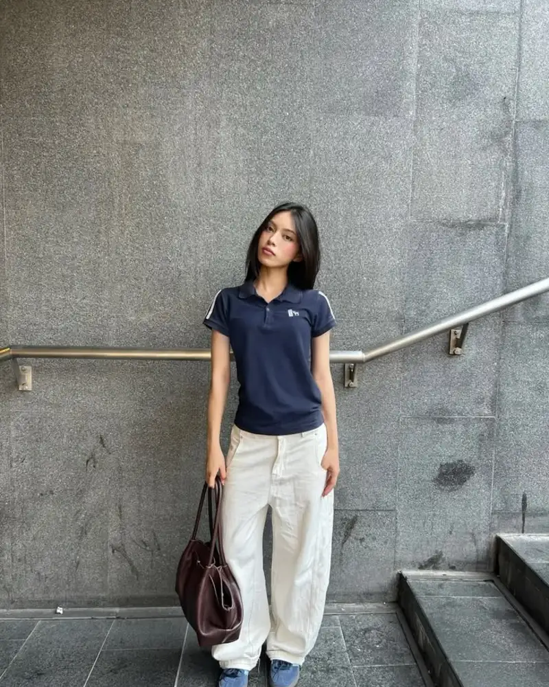 Navy Polo + Baggy White Pants Combo
