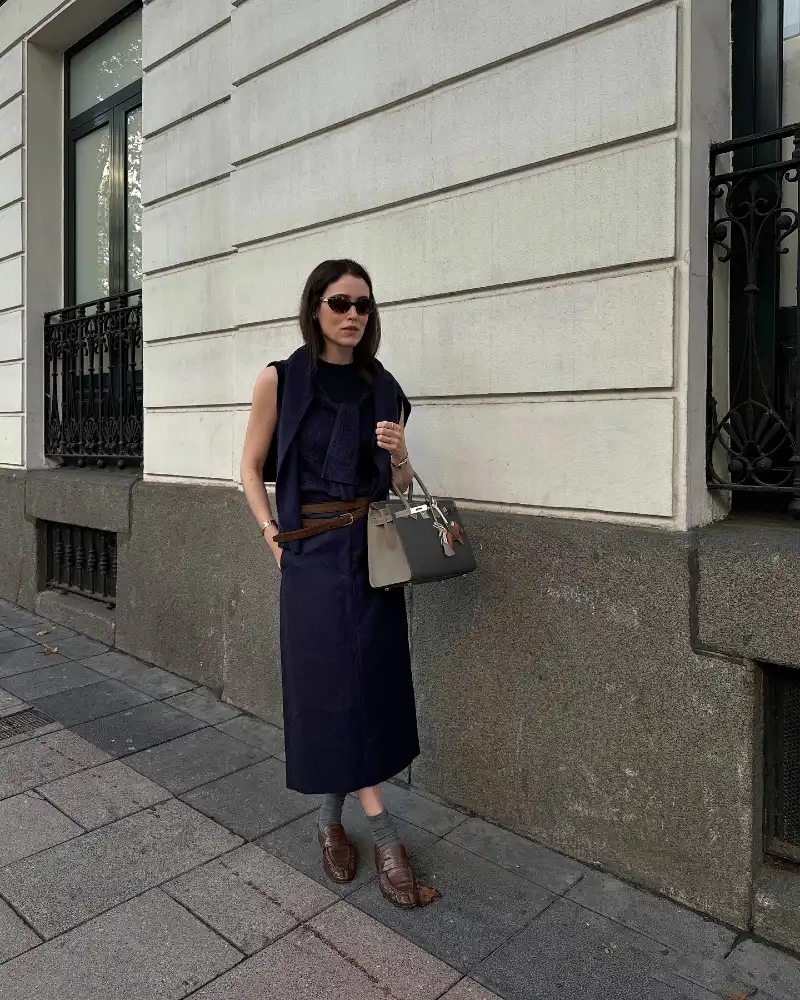  Navy Tonal Set + Draped Sweater + Brown Loafers