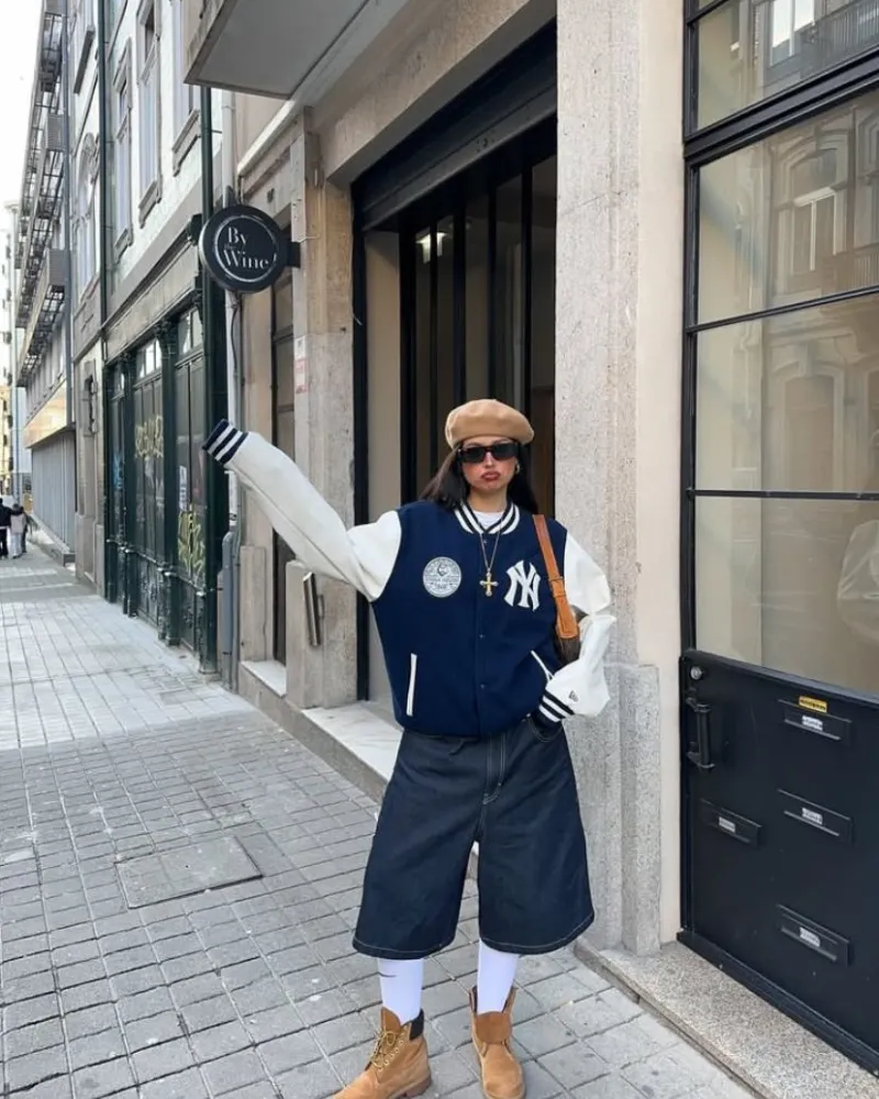 Navy Varsity, Denim Midi and Honey Timbs