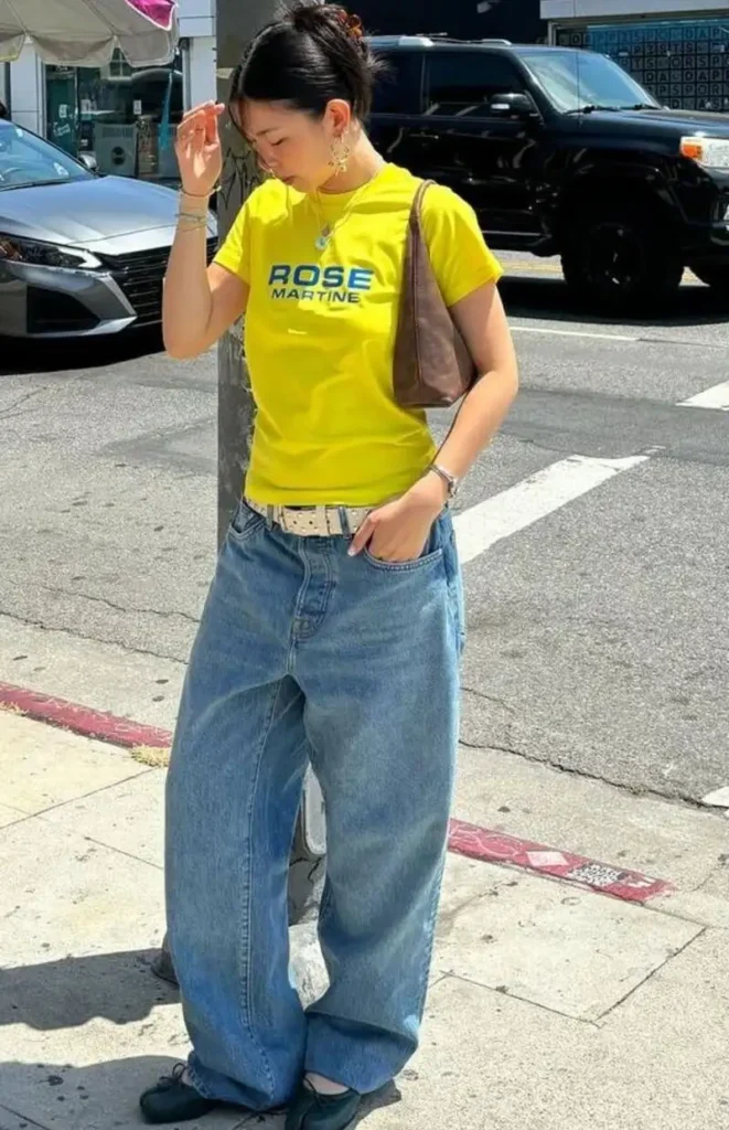  Neon Yellow Tee, Wide Jeans, Flat Shoes