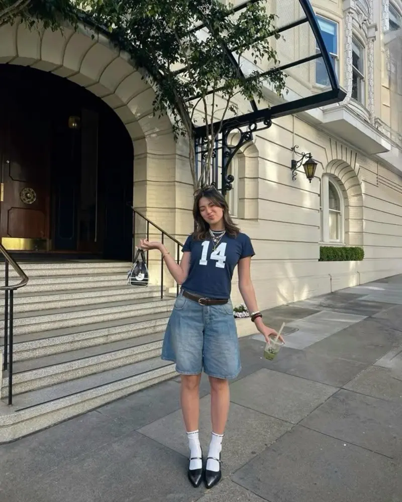  Numbered Jersey Tee with Wide Denim Shorts