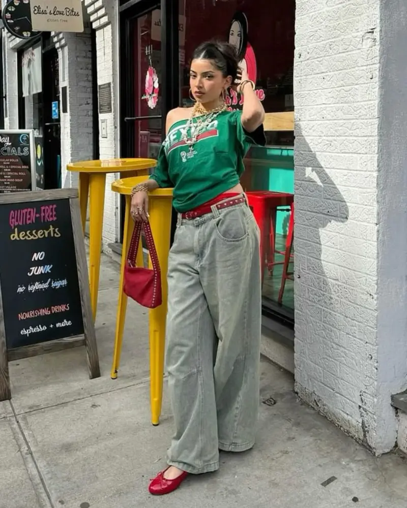 Off-Shoulder Graphic Sweatshirt + Wide-Leg Jeans